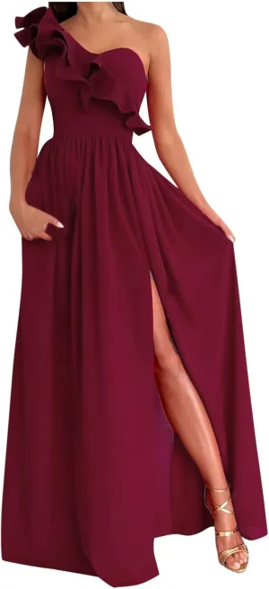NaRHbrg Women One Shoulder Maxi Dress Elegant Ruffle Formal Evening Dress High Slit Long Party Gown Sleeveless Summer Dresses