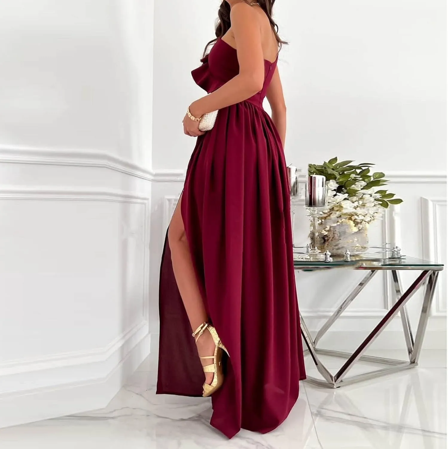 NaRHbrg Women One Shoulder Maxi Dress Elegant Ruffle Formal Evening Dress High Slit Long Party Gown Sleeveless Summer Dresses