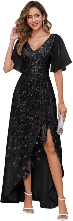 OFEYCHUN Short Sleeve Mother of The Bride Dresses for Women Sequin Sparkly Long Evening Dress
