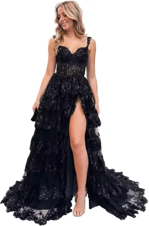 Off Shoulder Tiered Lace Prom Dresses 2025 Long Ball Gowns for Women Formal Sparkly Sequin Corset Wedding Gown with Slit