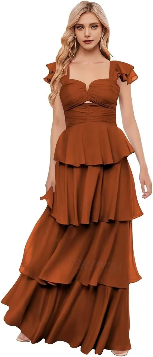 Off The Shoulder Bridesmaid Dresses Long Prom Dress 2025 Ruffle Tiered Chiffon Formal Evening Gowns with Sleeves