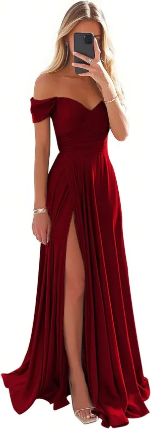 PEIYJYUSP Off Shoulder Satin Bridesmaid Dresses for Women Corset Prom Dress Long Ruched A Line Formal Gown with Slit