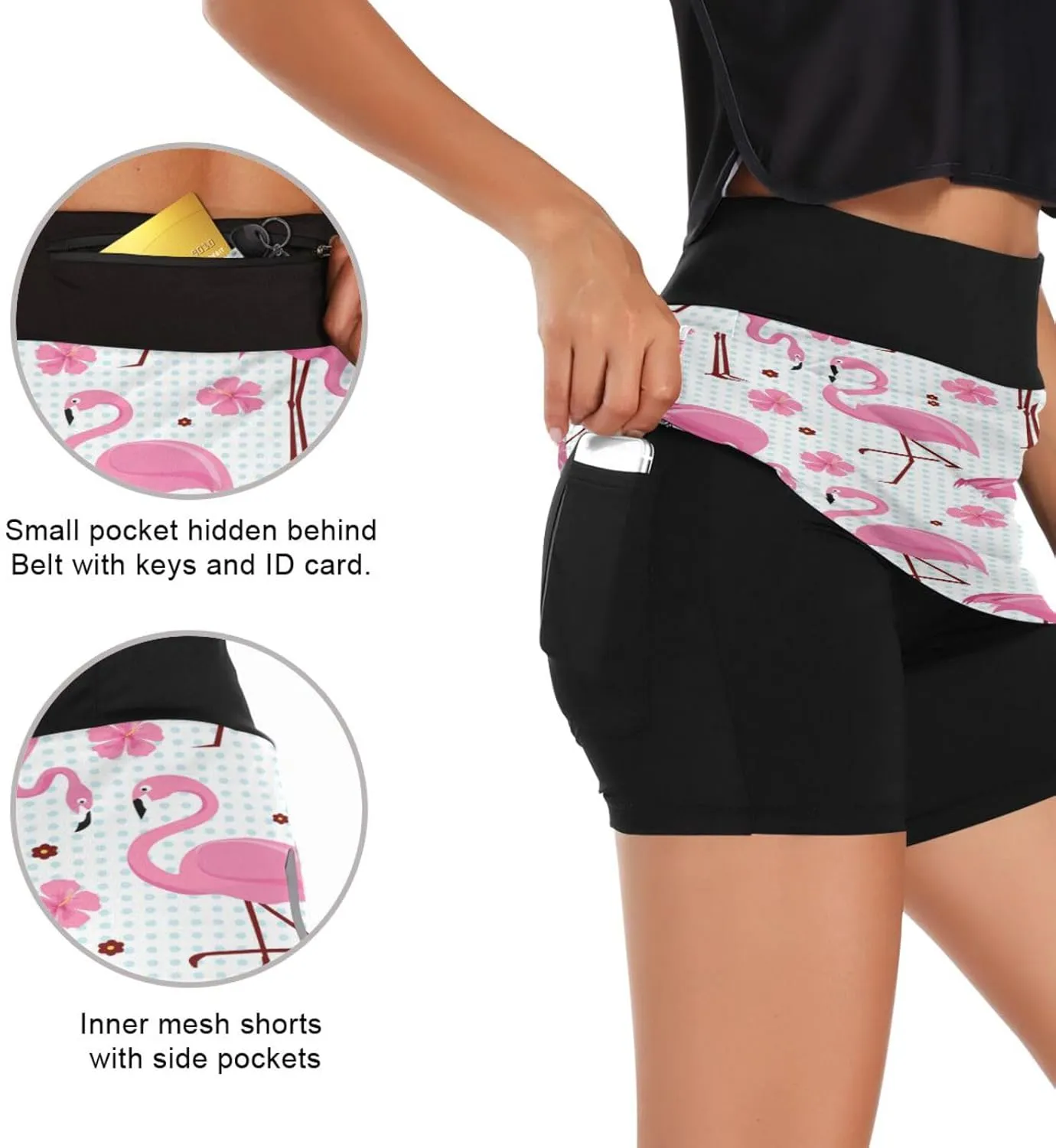 Pink Flamingos Women's Tennis Skirt with Pocket High Waisted Golf Athletic Activewear Skorts