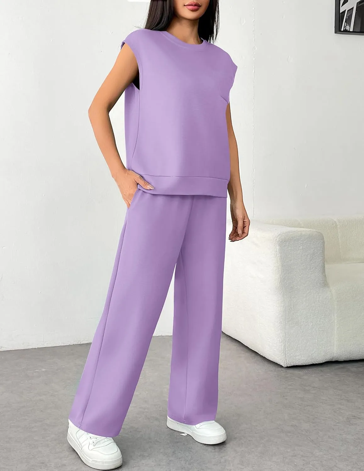 PINSPARK 2 Piece Sets for Women Summer Lounge Set Cap Sleeves Sweatsuit Cropped Wide Leg Pants 2025 Matching Travel Tracksuit