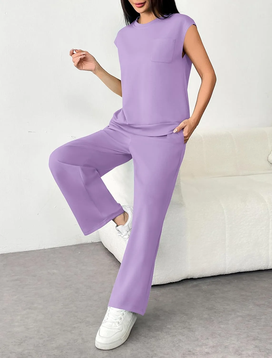 PINSPARK 2 Piece Sets for Women Summer Lounge Set Cap Sleeves Sweatsuit Cropped Wide Leg Pants 2025 Matching Travel Tracksuit