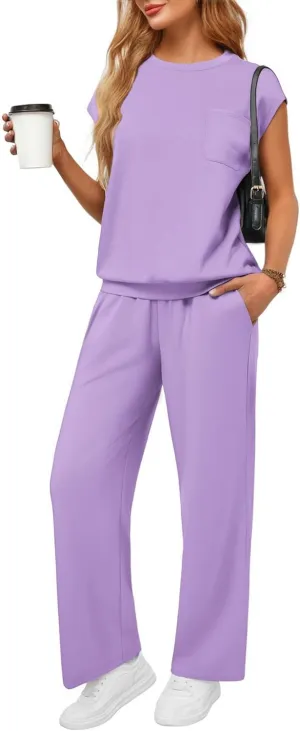 PINSPARK 2 Piece Sets for Women Summer Lounge Set Cap Sleeves Sweatsuit Cropped Wide Leg Pants 2025 Matching Travel Tracksuit