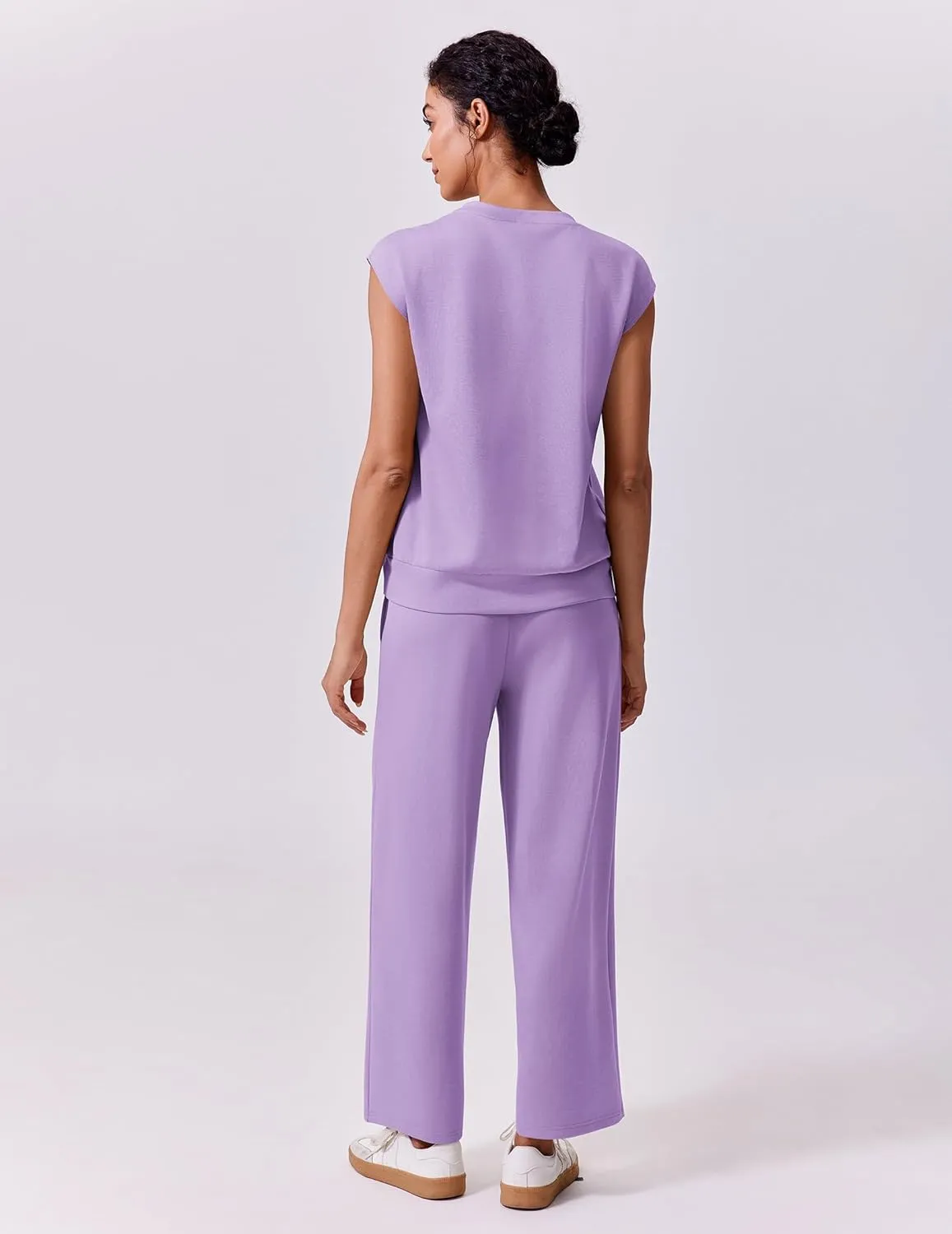 PINSPARK 2 Piece Sets for Women Summer Lounge Set Cap Sleeves Sweatsuit Cropped Wide Leg Pants 2025 Matching Travel Tracksuit