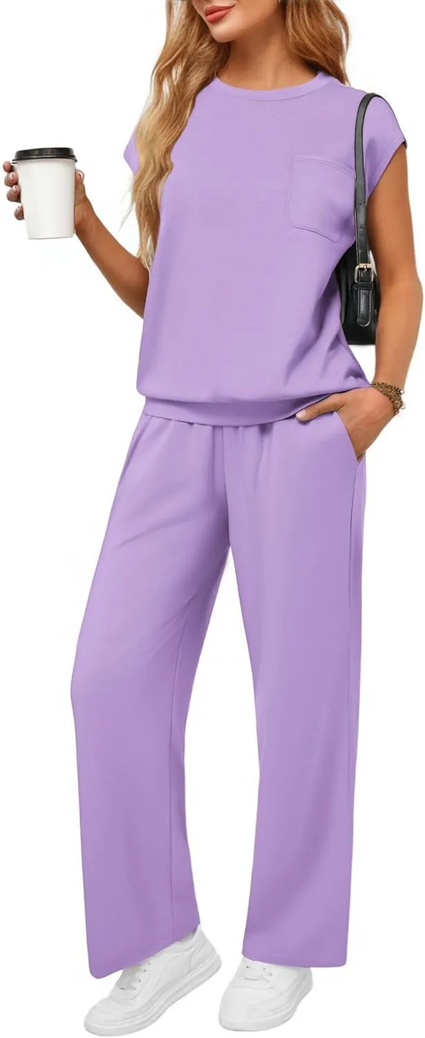 PINSPARK 2 Piece Sets for Women Summer Lounge Set Cap Sleeves Sweatsuit Cropped Wide Leg Pants 2025 Matching Travel Tracksuit