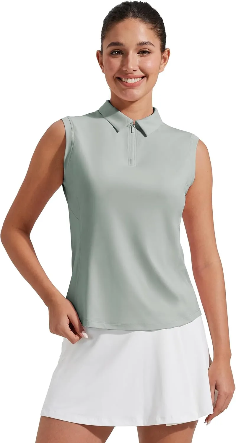 Pioneer Camp Women's Sleeveless Golf Polo Shirts Zip Up Elastic Quick Dry Lightweight Pickleball Tennis Summer Tops Sage Green XS