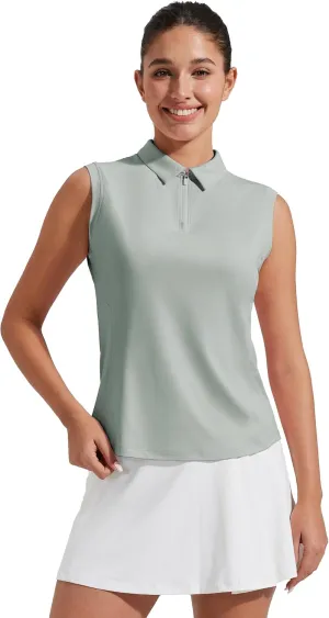 Pioneer Camp Women's Sleeveless Golf Polo Shirts Zip Up Elastic Quick Dry Lightweight Pickleball Tennis Summer Tops Sage Green XS