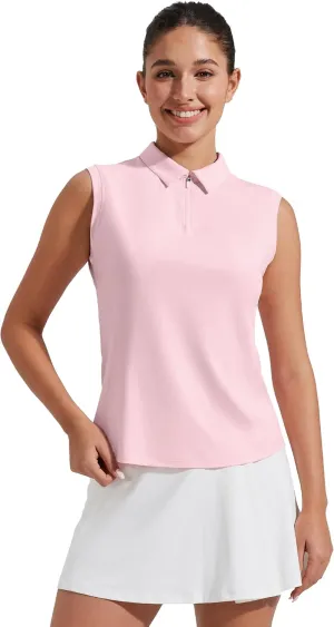 Pioneer Camp Women's Sleeveless Golf Polo Shirts Zip Up Elastic Quick Dry Lightweight Pickleball Tennis Summer Tops Vitamin Pink XS