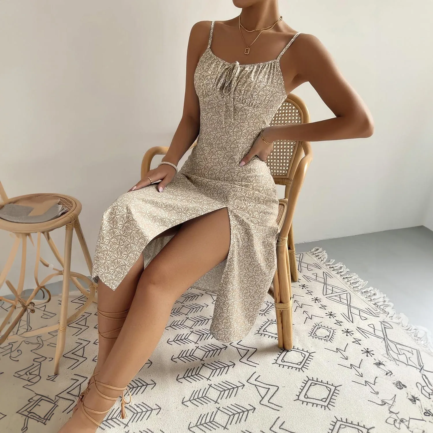 Pleated Backless Lace-up Slit Midi Dress