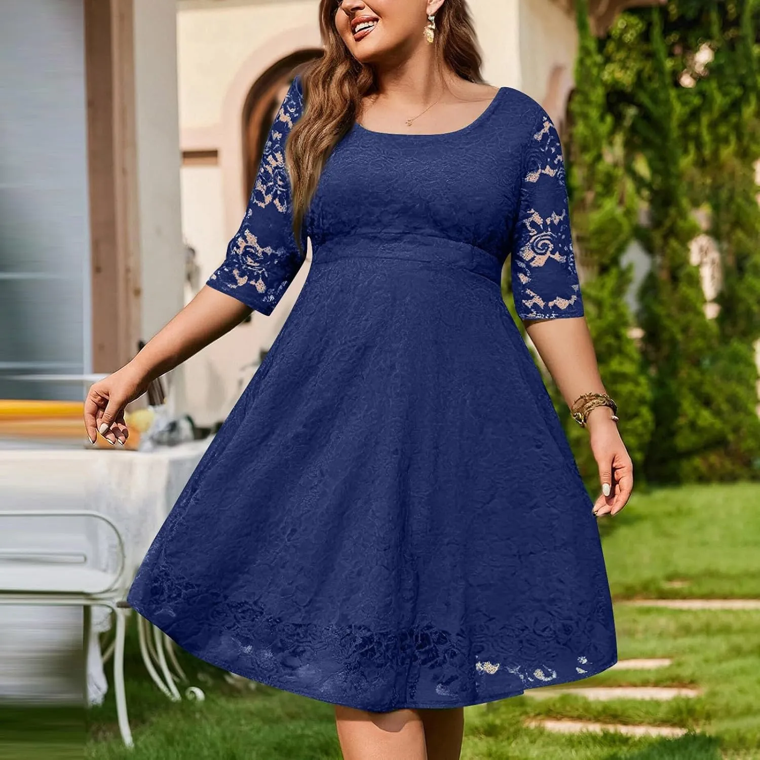 Plus Size Dress for Curvy Women 3/4 Sleeve Lace Corset Aline Midi Dresses, XXXXXXL-8XL