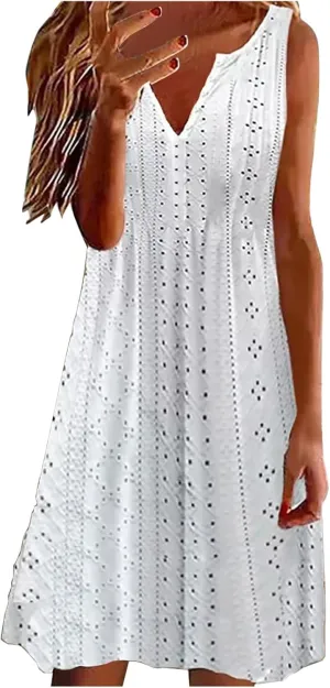 Plus Size Eyelet Dresses for Women Casual Loose Fit Summer Sleeveless v Neck Pleated Flowy Summer Midi Dress