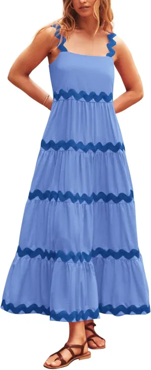 PRETTYGARDEN Women's 2024 Summer Maxi Sundress Spaghetti Strap Rickrack Ruffle Flowy Boho Casual Beach Vacation Long Dresses