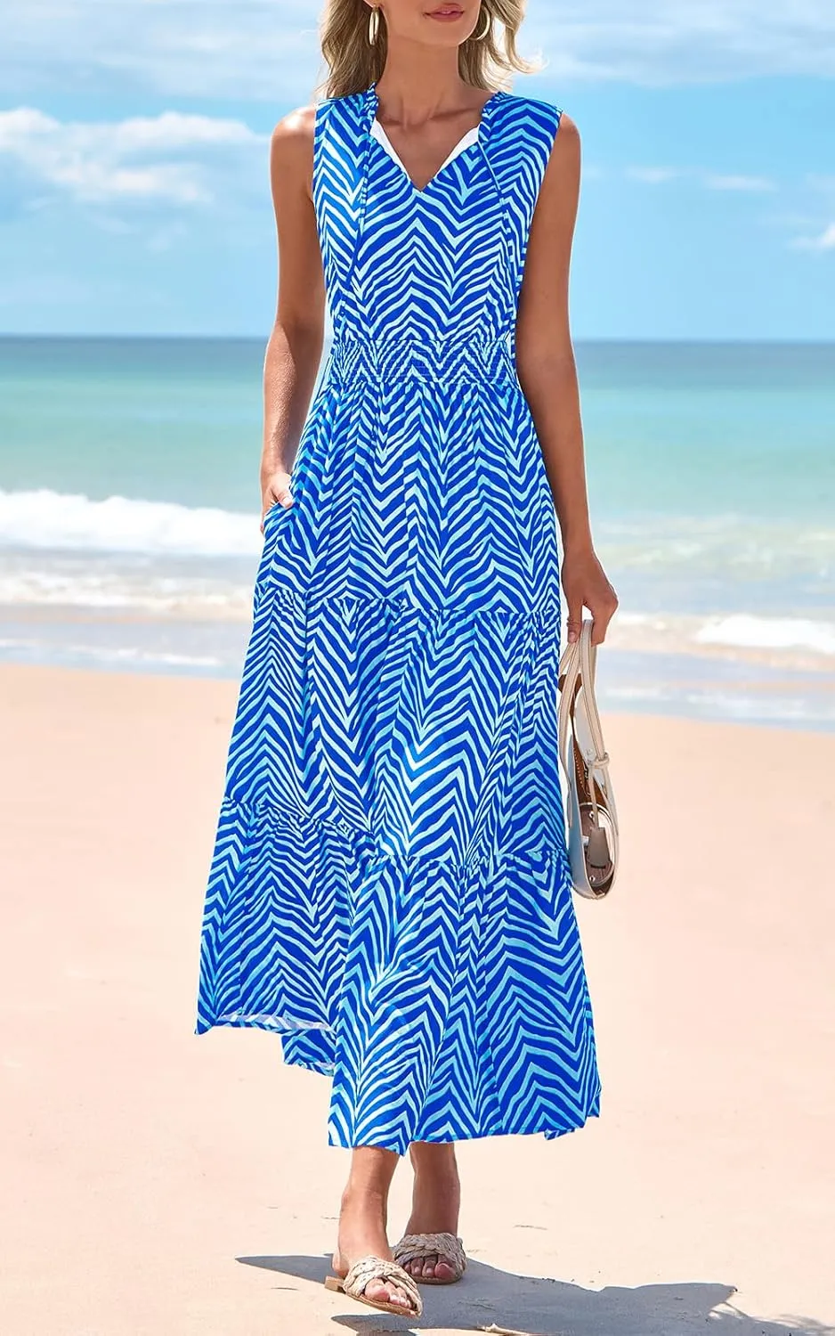 PRETTYGARDEN Womens Summer Dresses 2025 Sleeveless Drawstring V Neck Maxi Dress Flowy Casual Long Dresses with Pockets