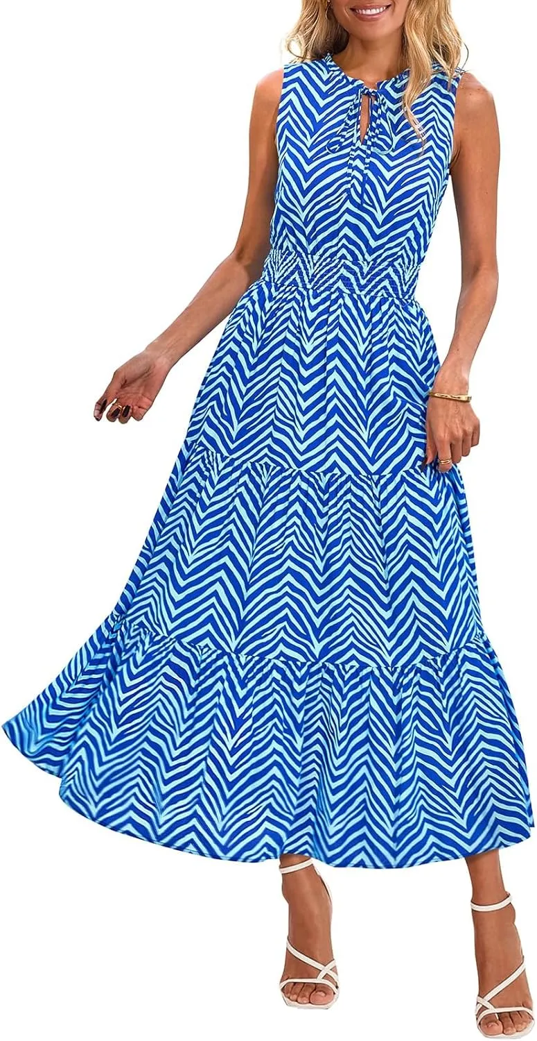 PRETTYGARDEN Womens Summer Dresses 2025 Sleeveless Drawstring V Neck Maxi Dress Flowy Casual Long Dresses with Pockets