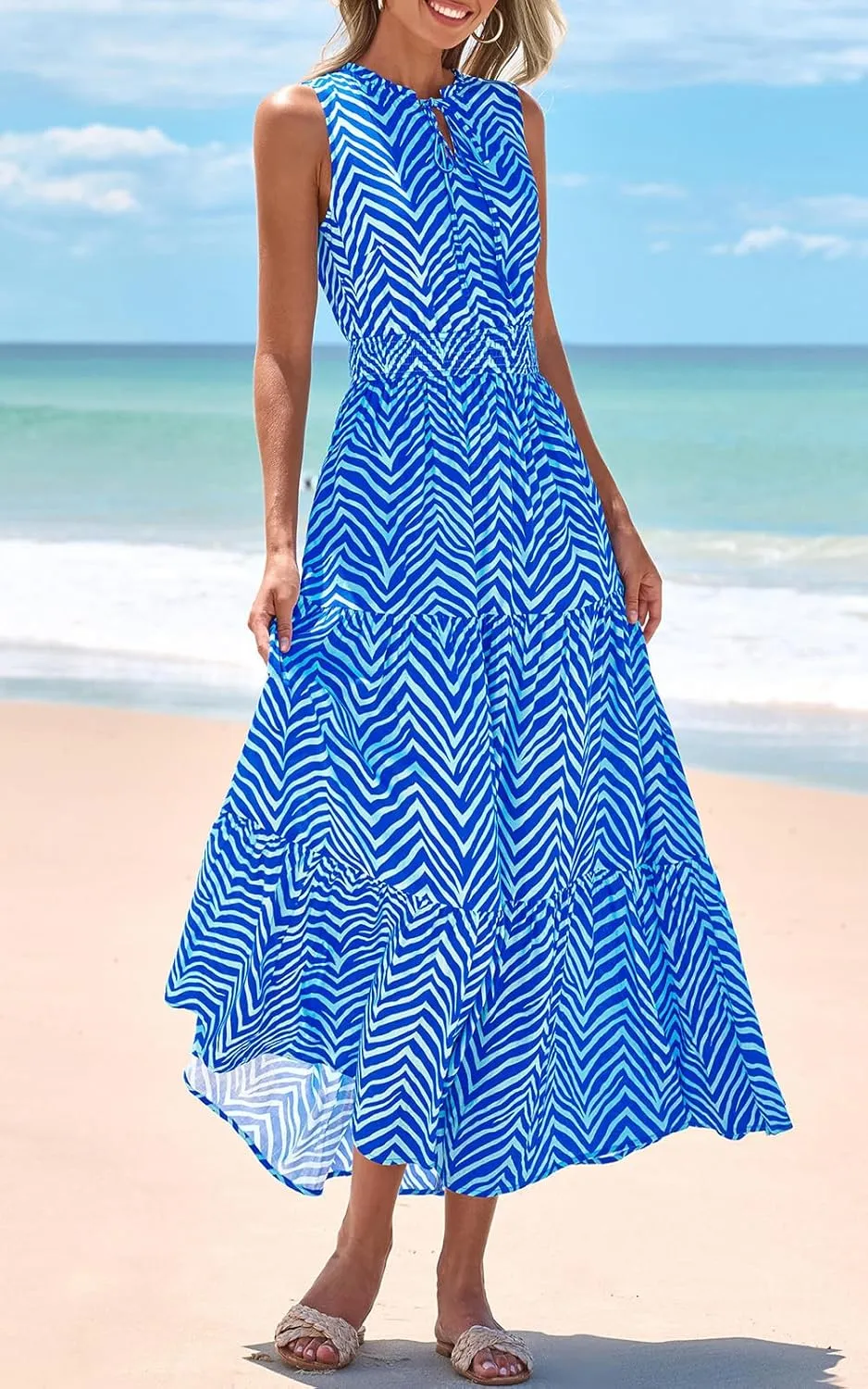 PRETTYGARDEN Womens Summer Dresses 2025 Sleeveless Drawstring V Neck Maxi Dress Flowy Casual Long Dresses with Pockets