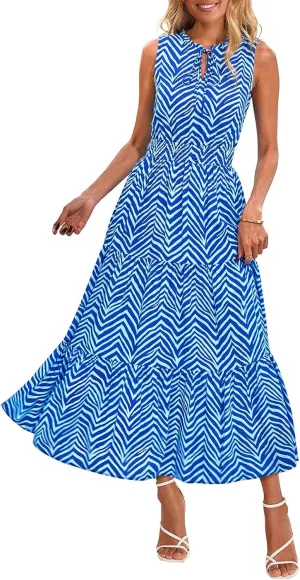 PRETTYGARDEN Womens Summer Dresses 2025 Sleeveless Drawstring V Neck Maxi Dress Flowy Casual Long Dresses with Pockets