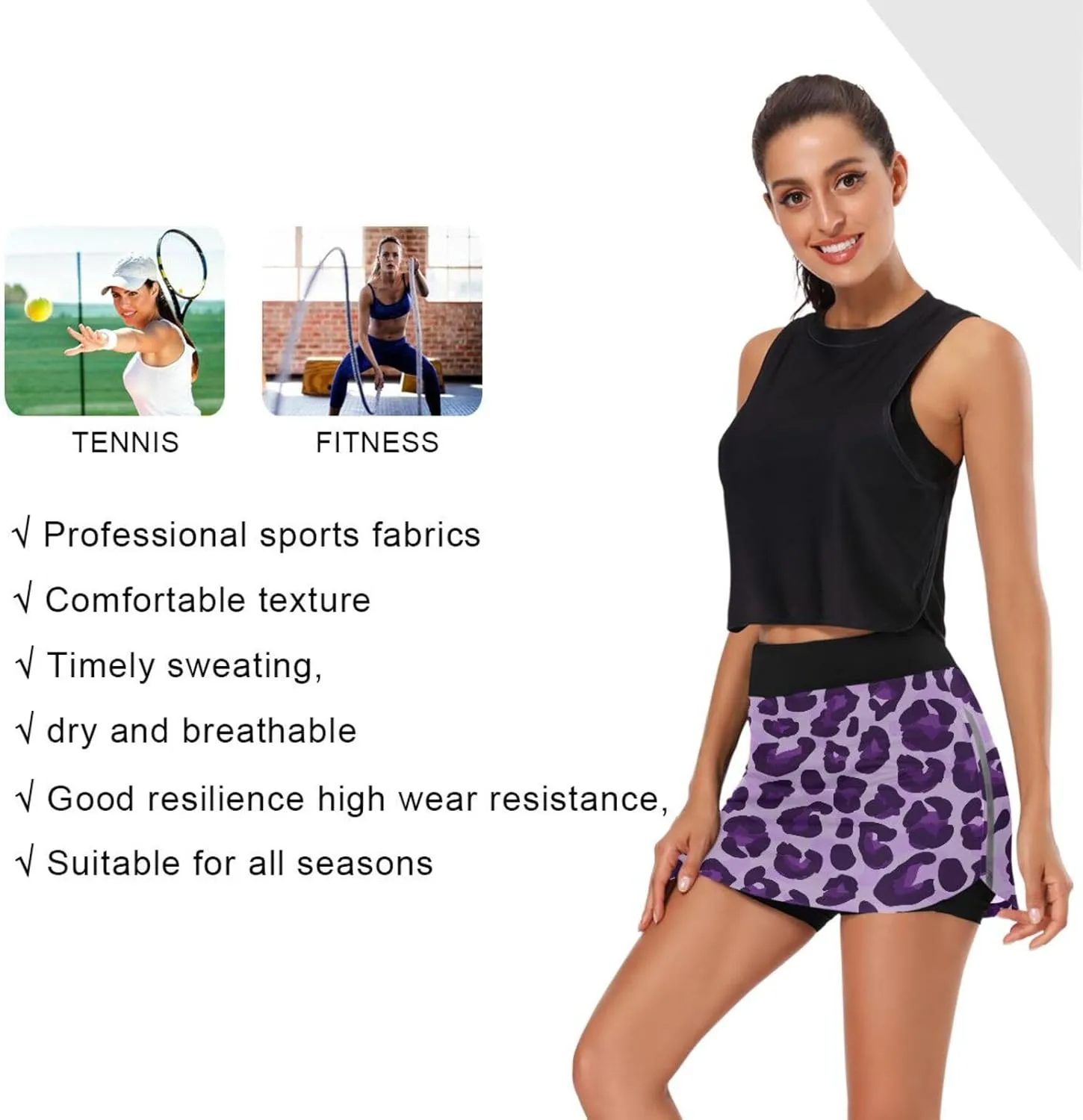Purple Leopard Women's Tennis Skirt with Pocket High Waisted Golf Athletic Activewear Skorts