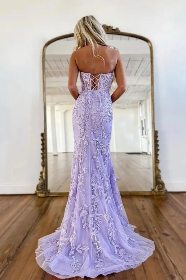 Purple Tulle Mermaid Sweetheart Neck Lace Appliques Long Prom Dress, SP897