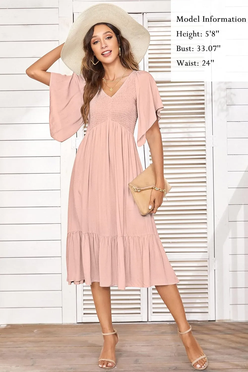 PYGFEMR Women's Summer Empire Waist Dress Smocked Flutter Short Sleeve V Neck Midi Dresses