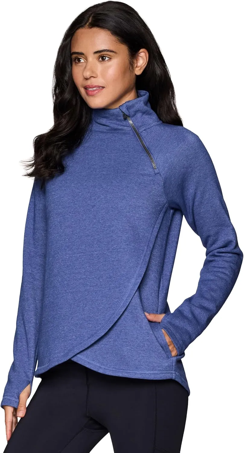 RBX Activewear Women's Fleece Sweatshirt Fashion Pullover With Pockets, Zip Mock Neck and Thumb Holes