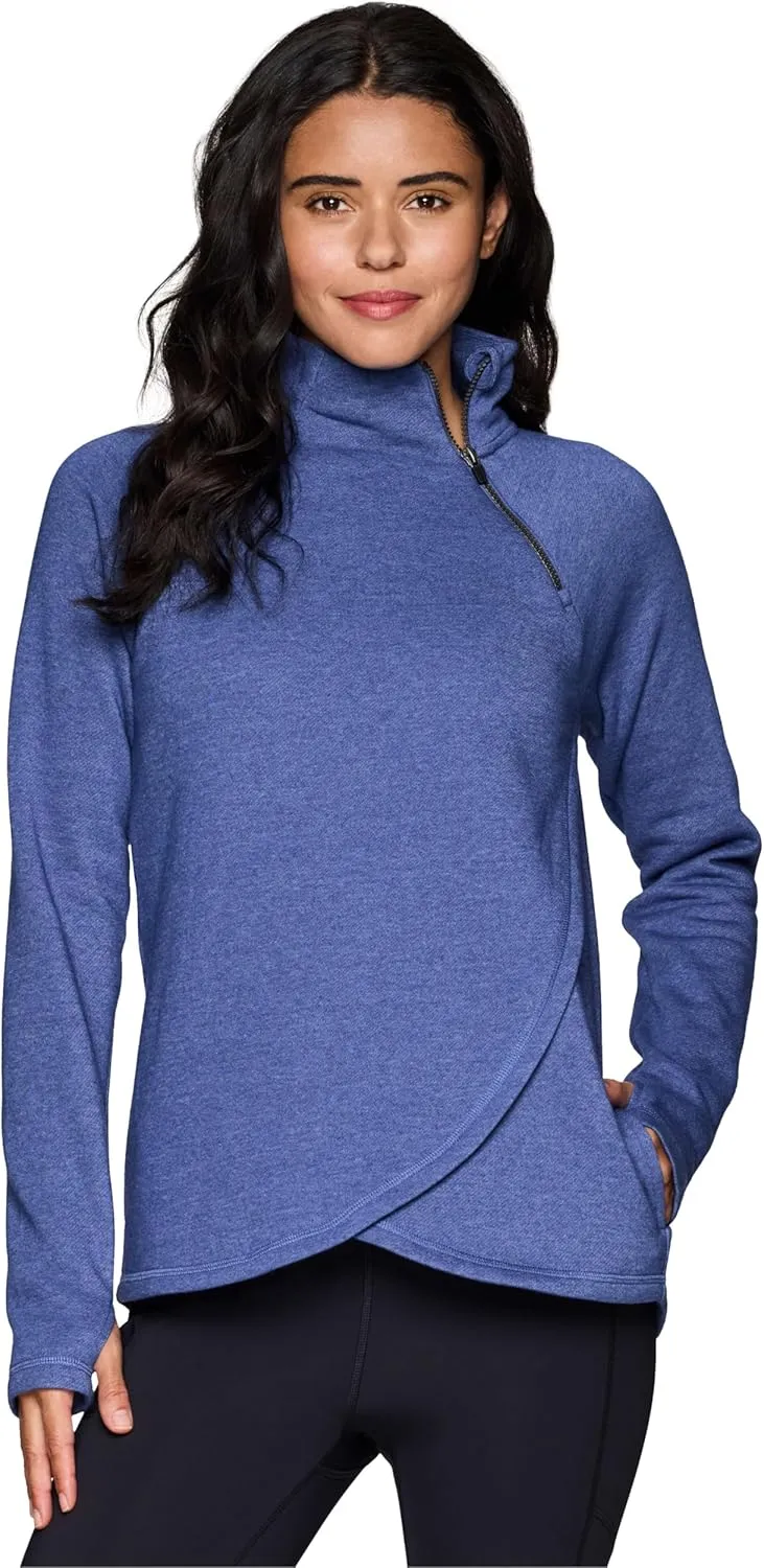 RBX Activewear Women's Fleece Sweatshirt Fashion Pullover With Pockets, Zip Mock Neck and Thumb Holes