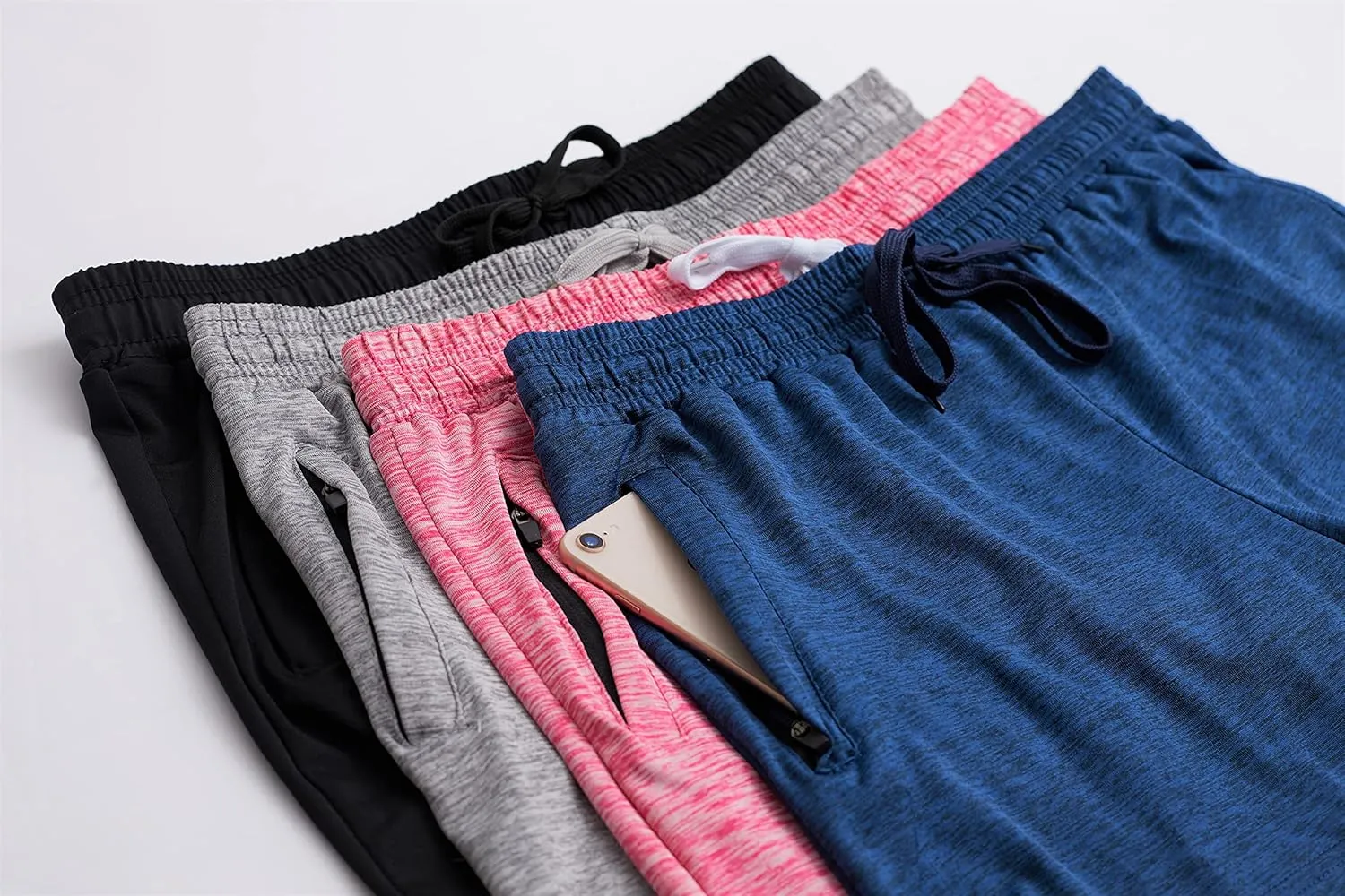 Real Essentials 4 Pack: Womens Athletic Dry-Fit Lounge Shorts with Zipper Pockets (Available in Plus Size)