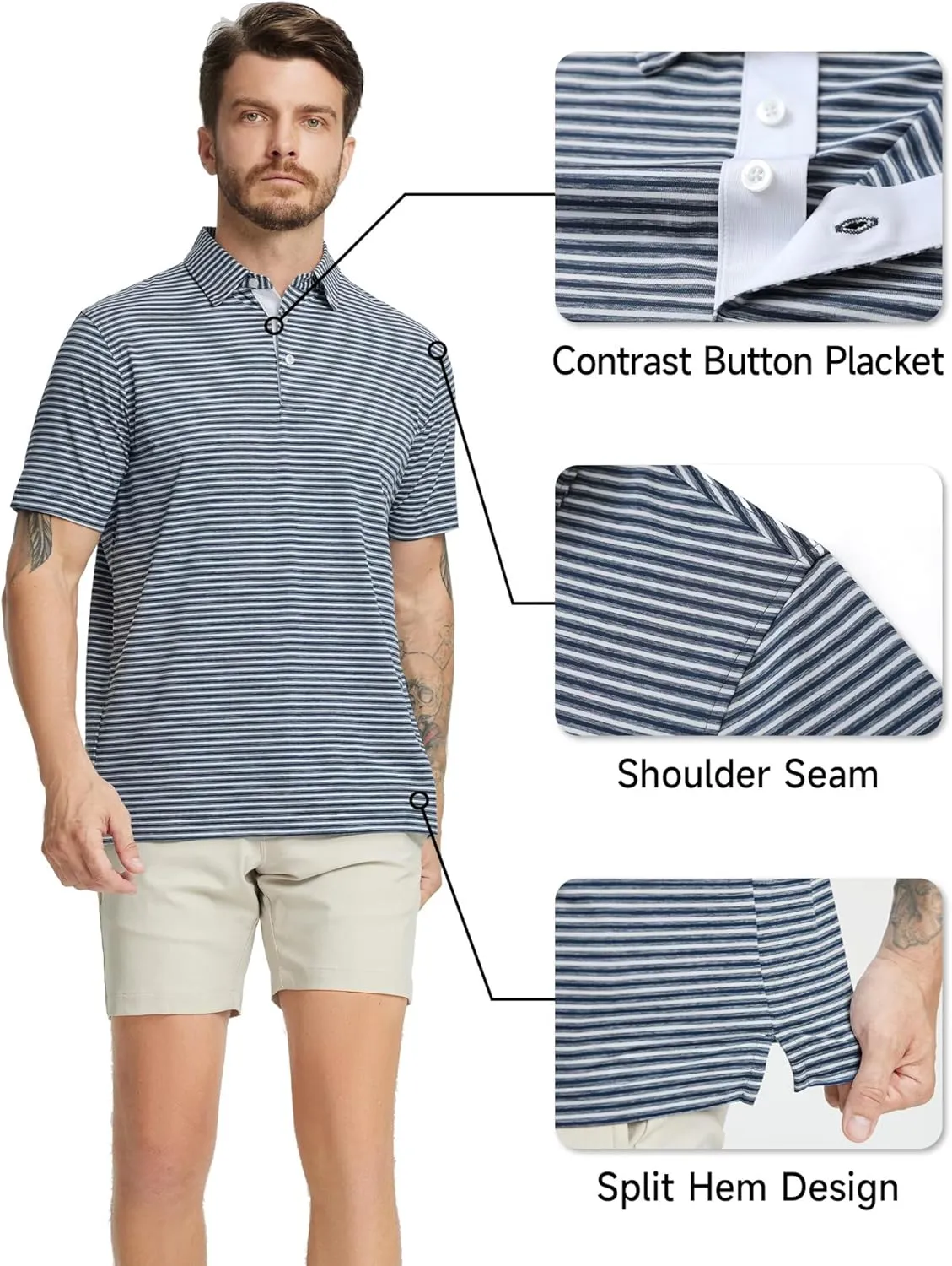Rouen Golf Shirts for Men Moisture Wicking Lightweight Dry fit Performance Sports Stripe Collared Golf Polo Shirts for Men