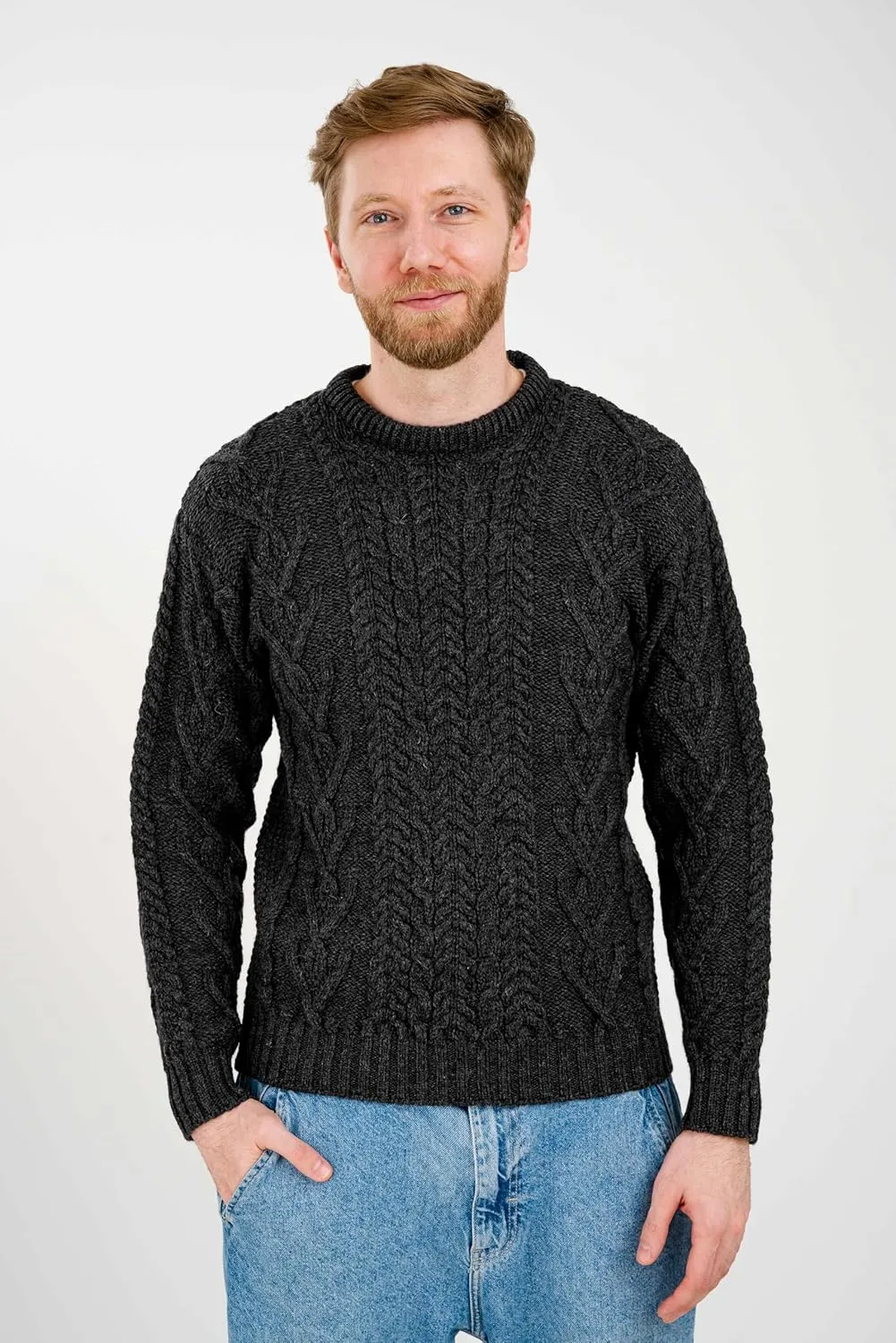SAOL 100% Merino Wool Men's Irish Traditional Aran Crew Neck Cable Knit Sweater Pullover