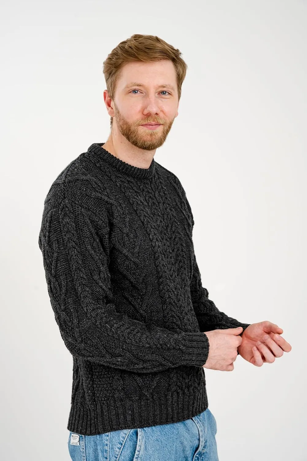 SAOL 100% Merino Wool Men's Irish Traditional Aran Crew Neck Cable Knit Sweater Pullover