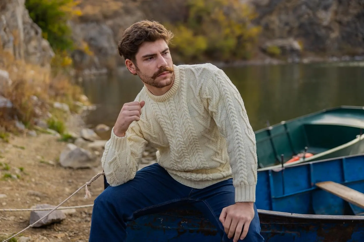 SAOL 100% Merino Wool Men's Irish Traditional Aran Crew Neck Cable Knit Sweater Pullover