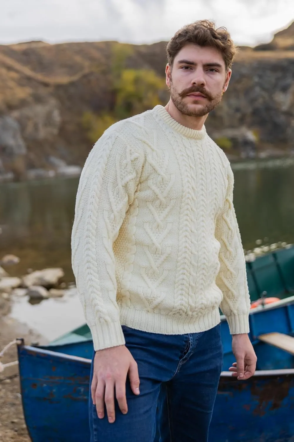 SAOL 100% Merino Wool Men's Irish Traditional Aran Crew Neck Cable Knit Sweater Pullover