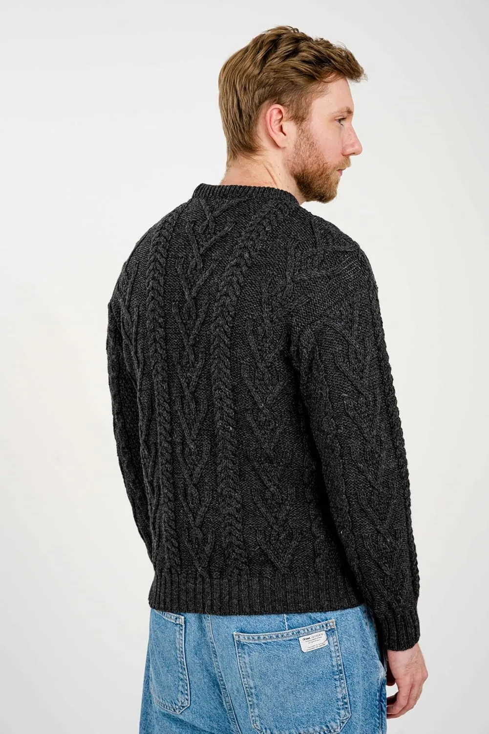 SAOL 100% Merino Wool Men's Irish Traditional Aran Crew Neck Cable Knit Sweater Pullover