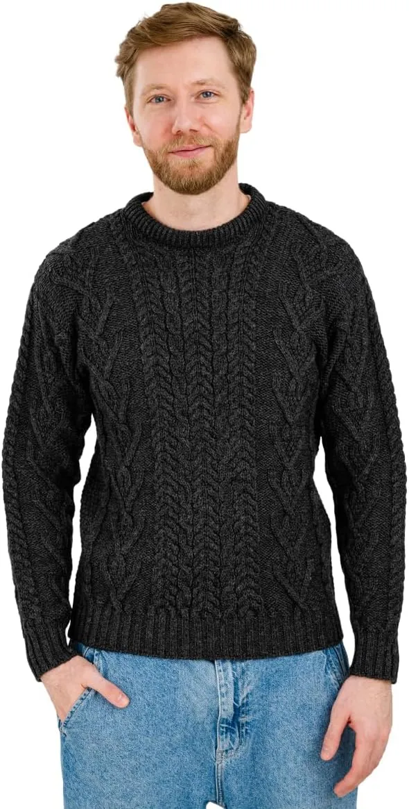 SAOL 100% Merino Wool Men's Irish Traditional Aran Crew Neck Cable Knit Sweater Pullover