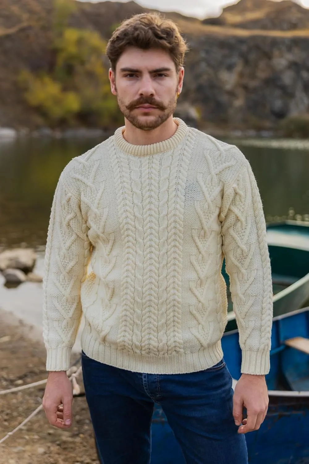 SAOL 100% Merino Wool Men's Irish Traditional Aran Crew Neck Cable Knit Sweater Pullover