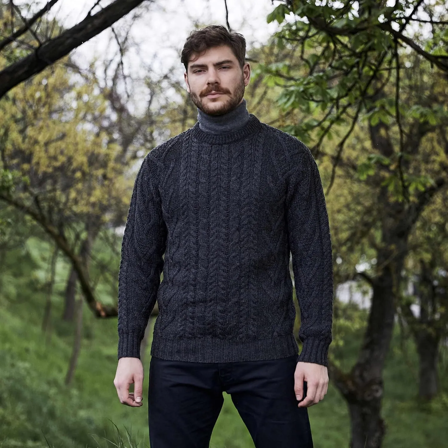 SAOL 100% Merino Wool Men's Irish Traditional Aran Crew Neck Cable Knit Sweater Pullover
