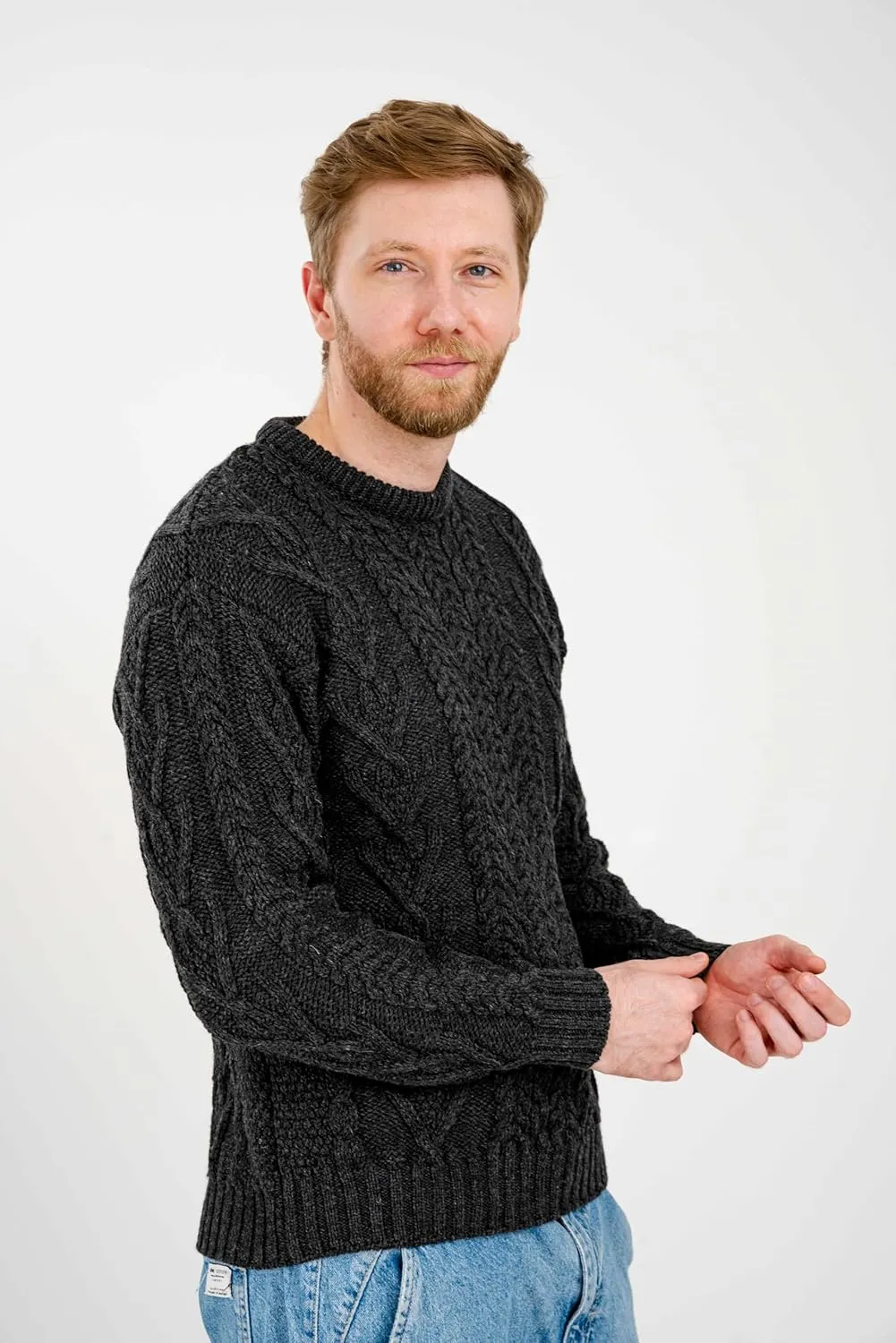 SAOL 100% Merino Wool Men's Irish Traditional Aran Crew Neck Cable Knit Sweater Pullover