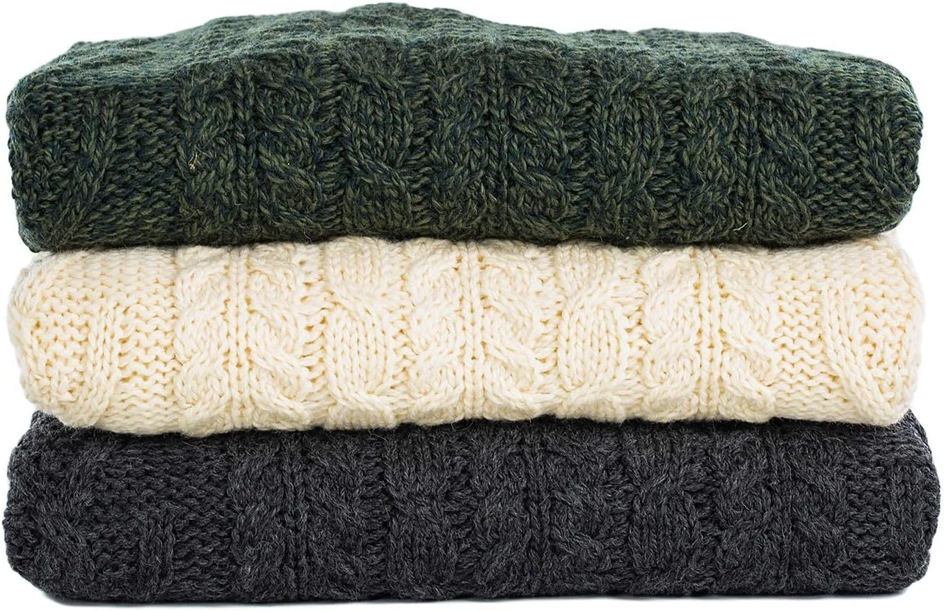 SAOL 100% Merino Wool Men's Irish Traditional Aran Crew Neck Cable Knit Sweater Pullover