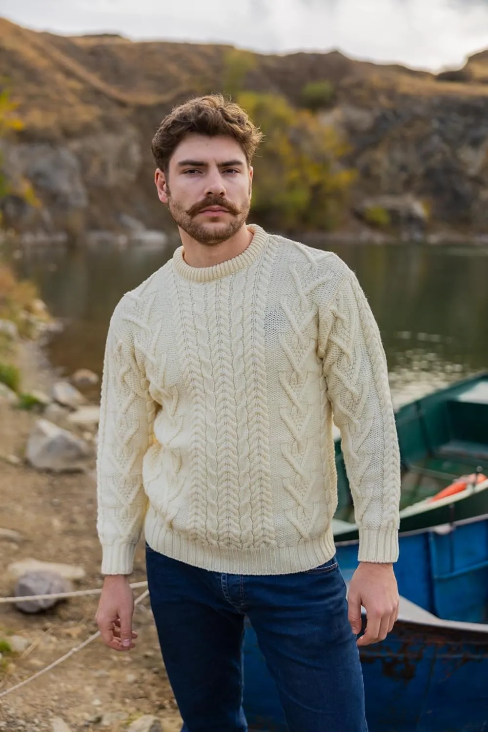 SAOL 100% Merino Wool Men's Irish Traditional Aran Crew Neck Cable Knit Sweater Pullover