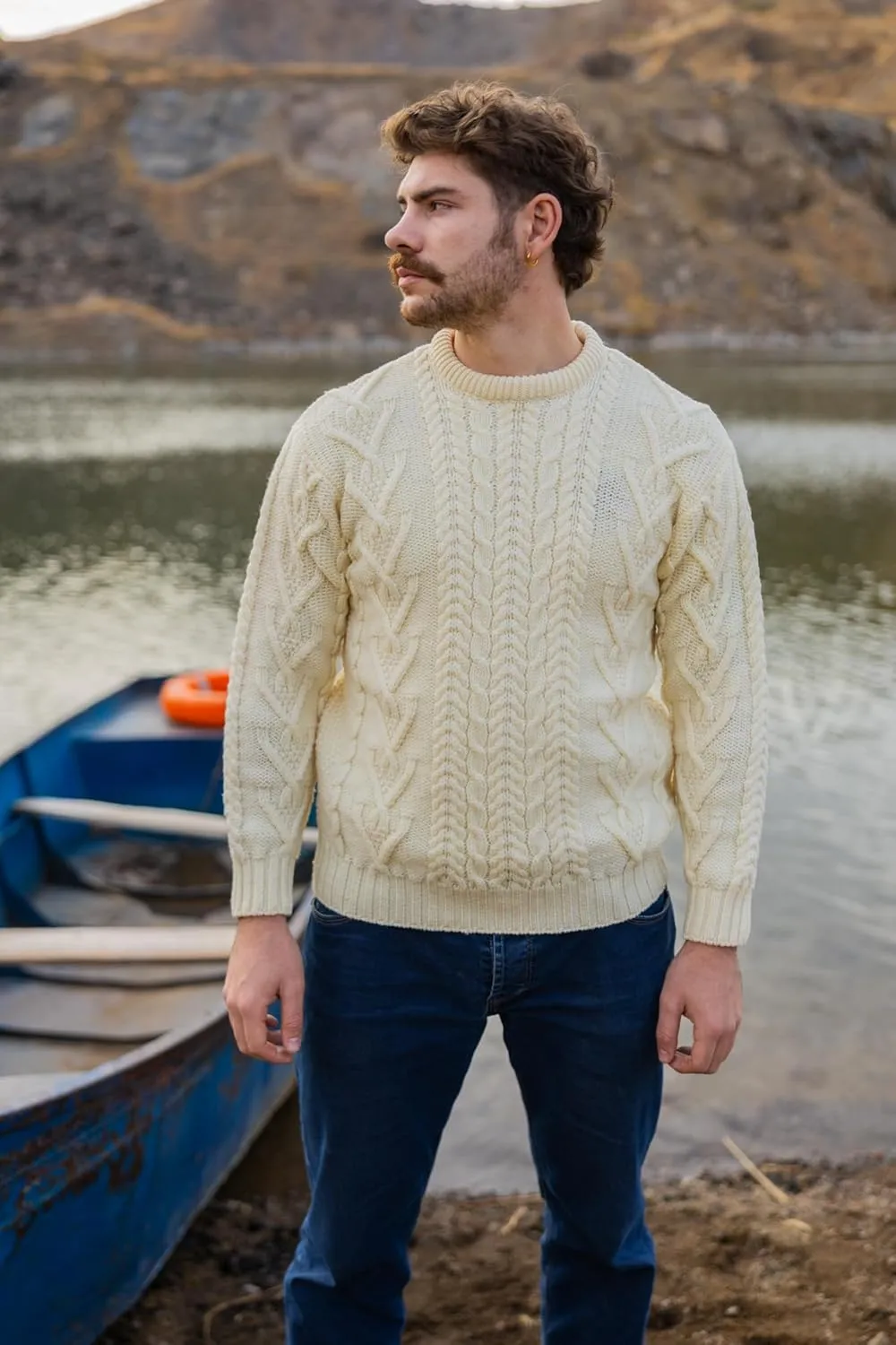 SAOL 100% Merino Wool Men's Irish Traditional Aran Crew Neck Cable Knit Sweater Pullover