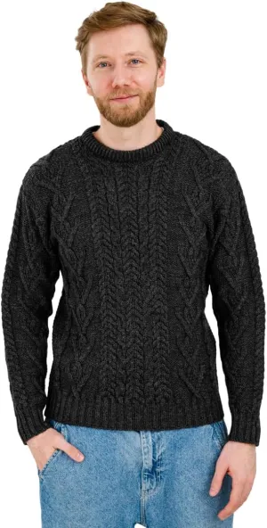 SAOL 100% Merino Wool Men's Irish Traditional Aran Crew Neck Cable Knit Sweater Pullover