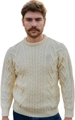 SAOL 100% Merino Wool Men's Irish Traditional Aran Crew Neck Cable Knit Sweater Pullover