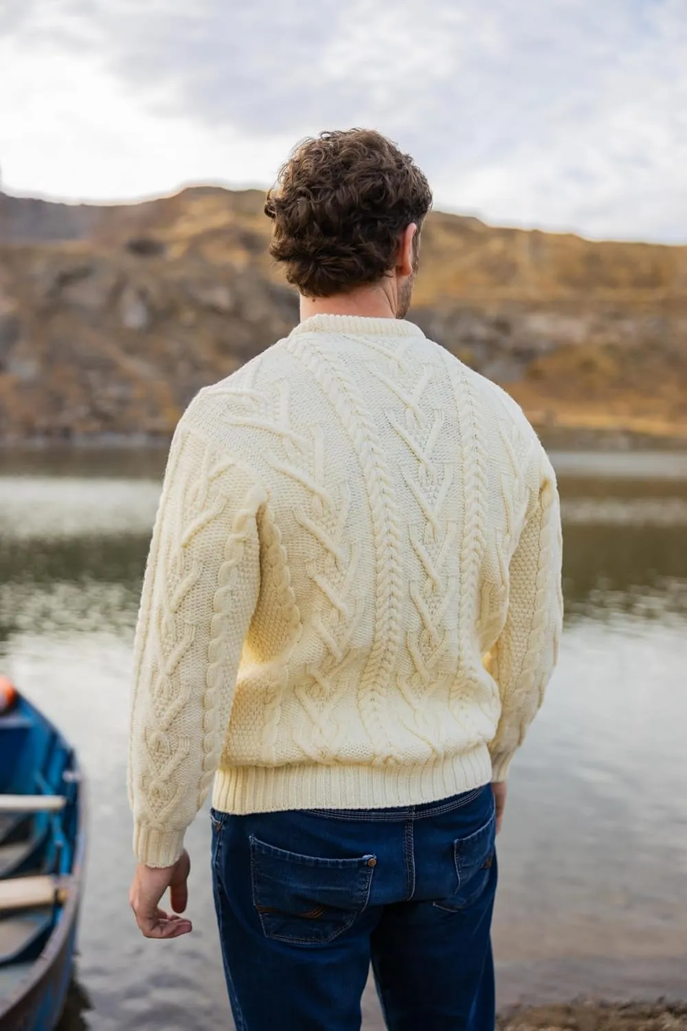 SAOL 100% Merino Wool Men's Irish Traditional Aran Crew Neck Cable Knit Sweater Pullover