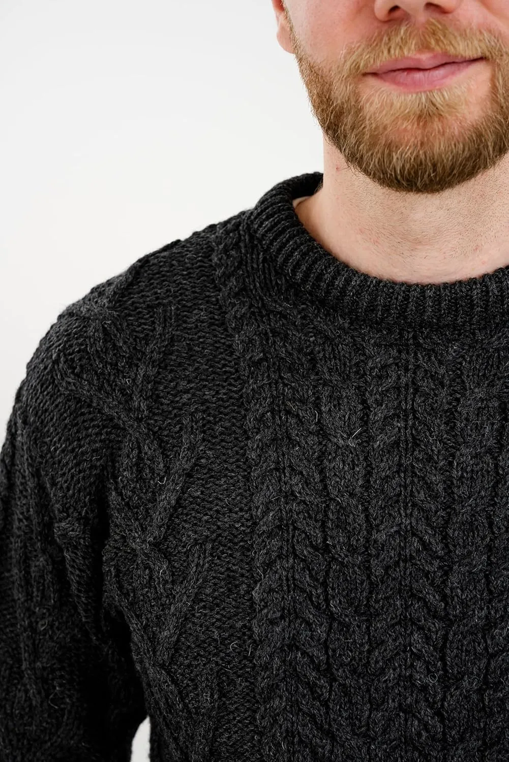 SAOL 100% Merino Wool Men's Irish Traditional Aran Crew Neck Cable Knit Sweater Pullover