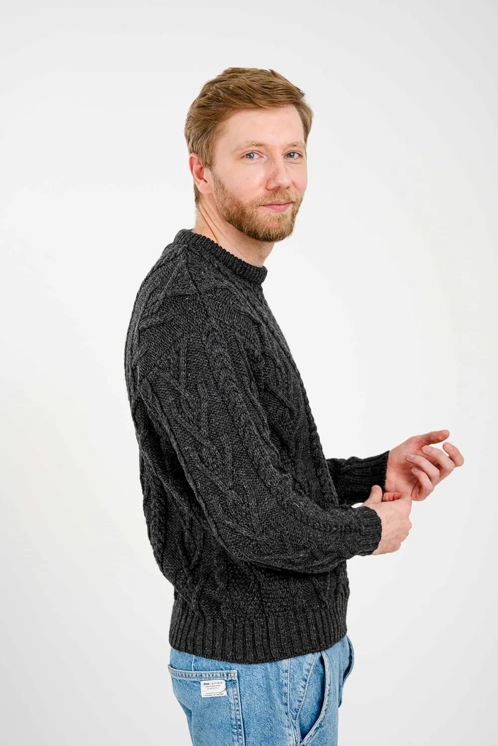 SAOL 100% Merino Wool Men's Irish Traditional Aran Crew Neck Cable Knit Sweater Pullover