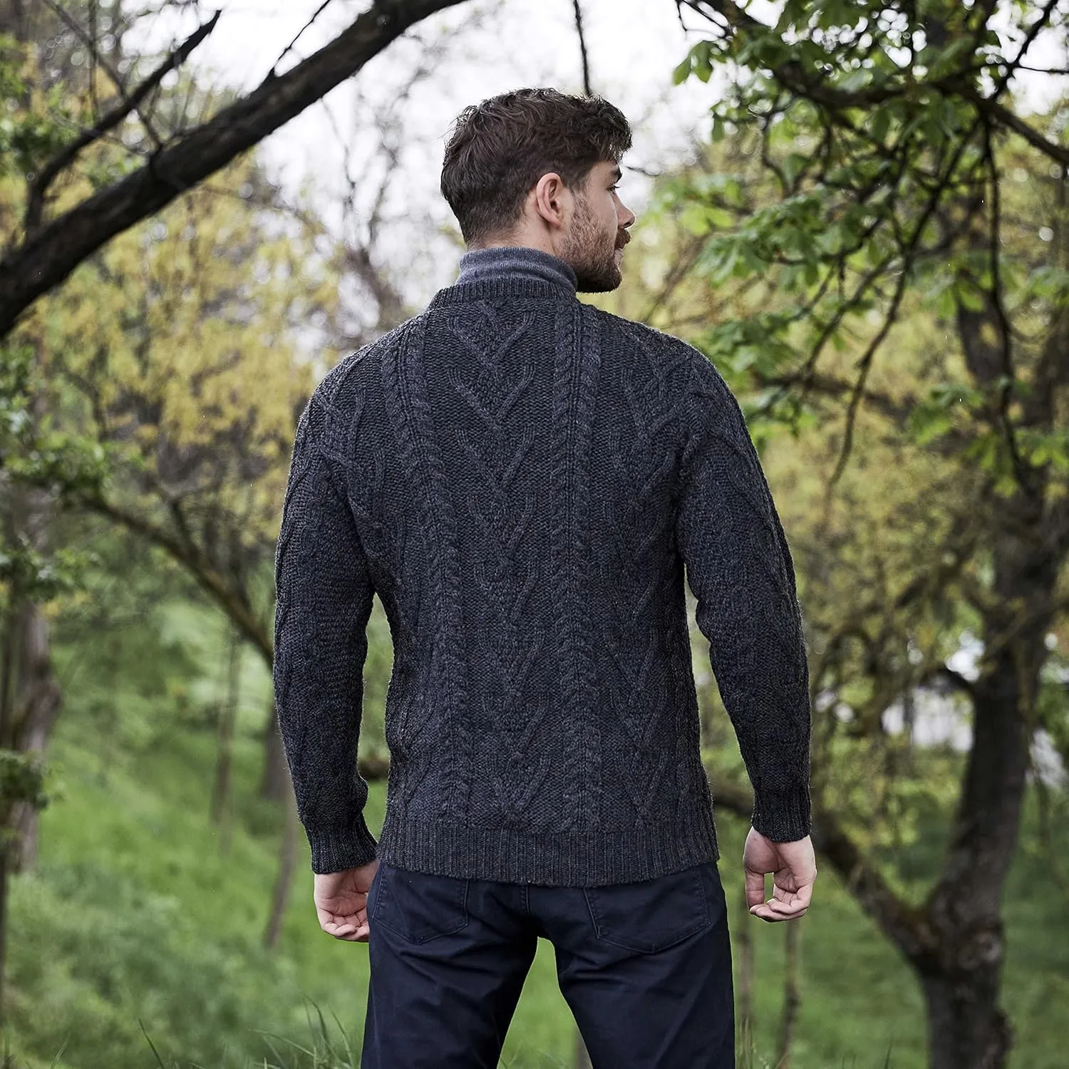 SAOL 100% Merino Wool Men's Irish Traditional Aran Crew Neck Cable Knit Sweater Pullover