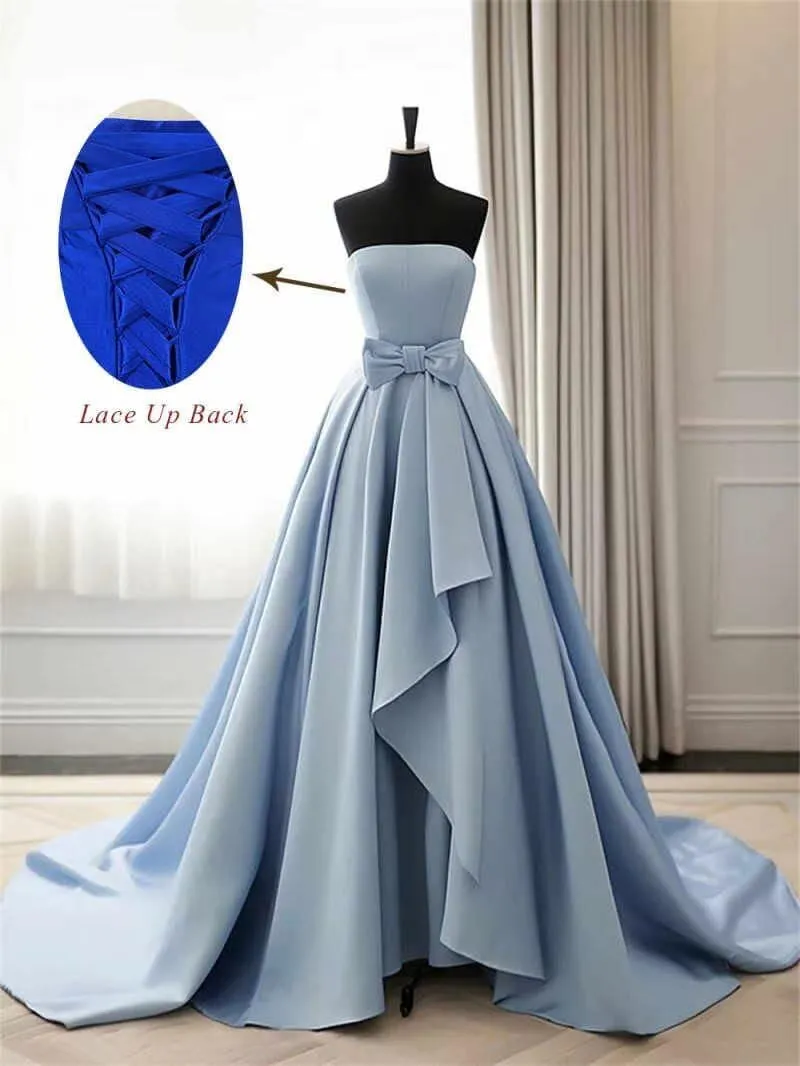 Satin Strapless Ball Gown 2025 Bow Bridesmaid Dress for Women Formal Flowy A-Line Hi-Lo Wedding Dress with Train