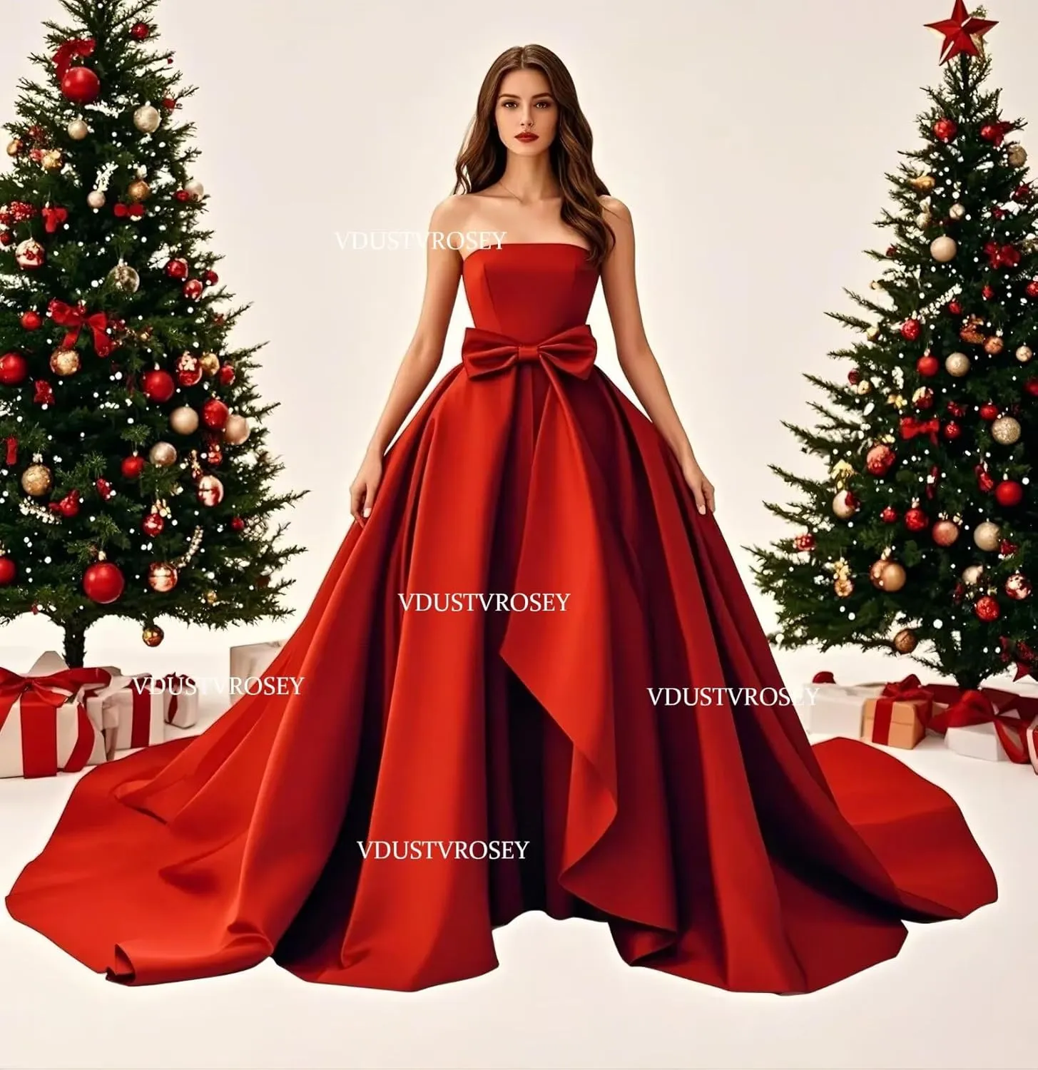Satin Strapless Ball Gown 2025 Bow Bridesmaid Dress for Women Formal Flowy A-Line Hi-Lo Wedding Dress with Train